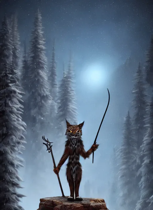 Prompt: anthropomorphic lynx standing tall, holding a scepter, night, spruce trees on the sides, mountains in the background, eerie dark atmosphere, moonlit, back light, fantasy movie, fantasy matte painting, trending on artstation