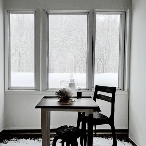 Prompt: “snowy scene low lighting through a window, the room is all white, small table and chair, low light, peaceful scene, environment concept, 4K, UHD”