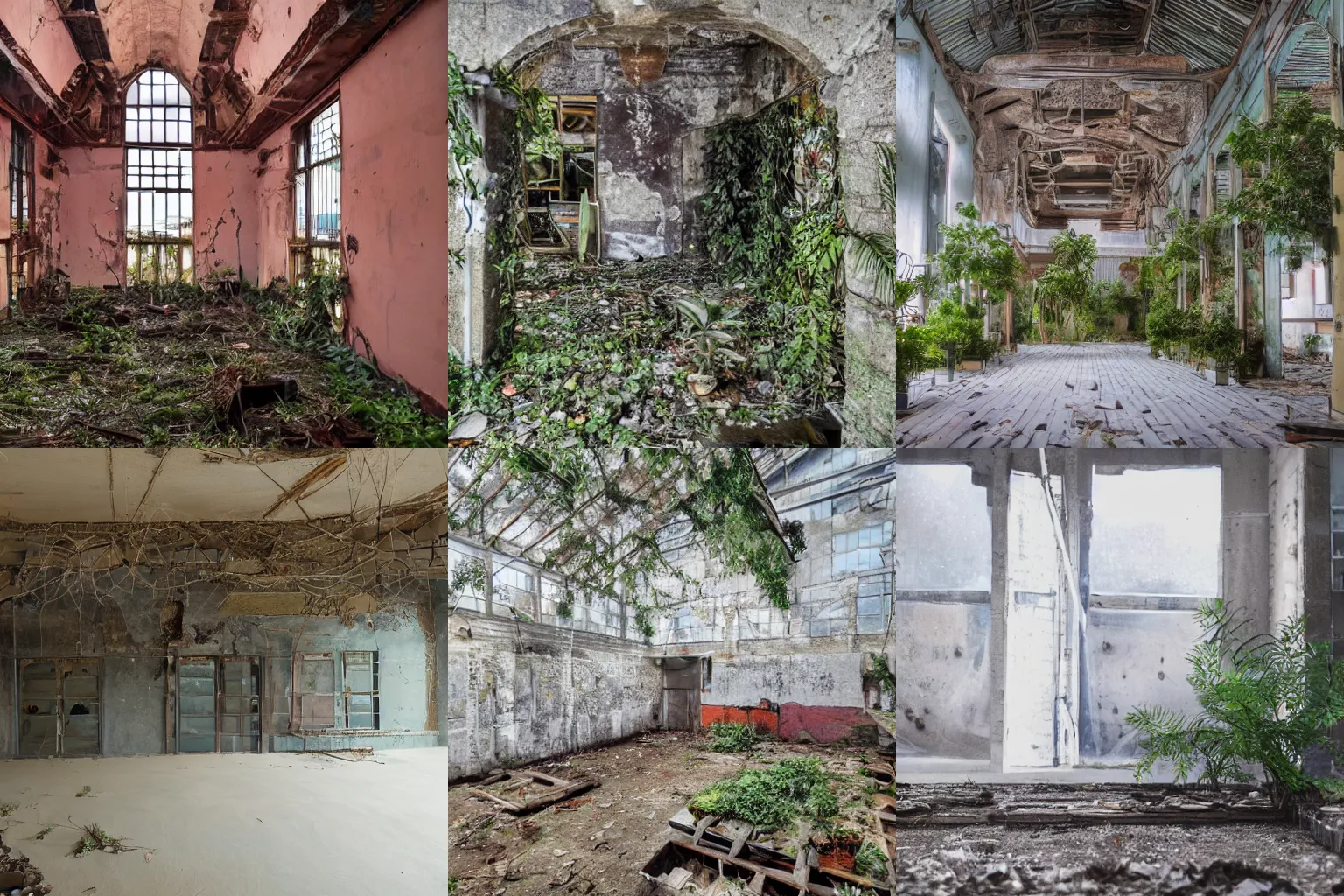 Image similar to Inside an abandoned building with plants, overcast