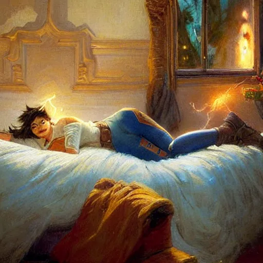 Prompt: Gaston Bussiere painting of Tracer (Overwatch) lounging in her bedroom, dramatic lightning, candlelit