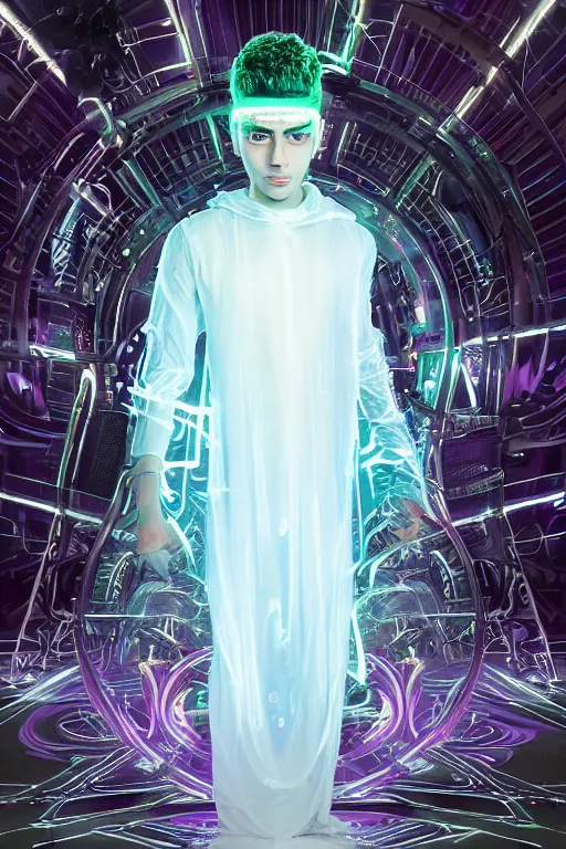 Image similar to full-body baroque and cyberpunk style neon statue of a attractive translucent Zayn Malik as a humanoid deity wearing a thin see-through plastic hooded cloak sim roupa, posing like a superhero, glowing white face, crown of white lasers, large diamonds, swirling white silk fabric. futuristic elements. oozing glowing liquid, full-length view. space robots. human skulls. throne made of bones, intricate artwork by caravaggio. Trending on artstation, octane render, cinematic lighting from the right, hyper realism, octane render, 8k, depth of field, 3D