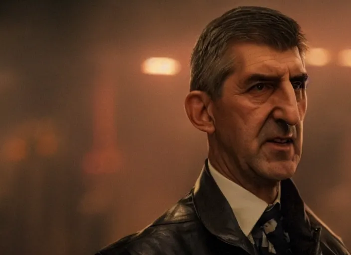 Image similar to film still andrej babis wearing leather coat as a detective in blade runner, 8 k