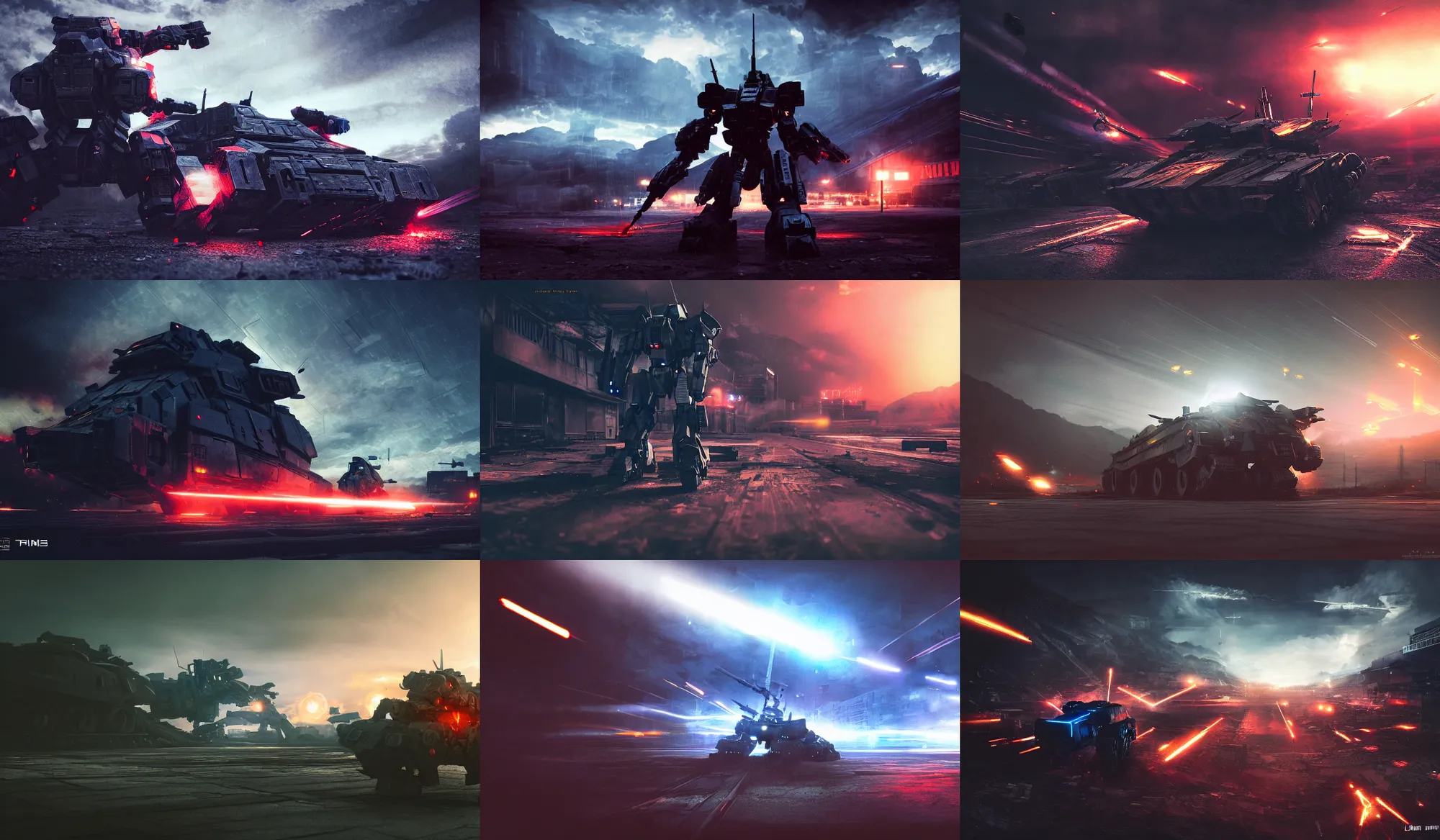 Image similar to an armored core v by liam wong, booster flares, legs, laser rifles, karst landscape, outdoor, dark blue sky, cloud, wilderness ground, golden time, twilight ; wide shot, digital painting, photoreal, cinematic contrast, dynamic backlighting, sharp edge, motion blur