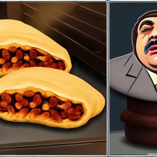 Image similar to al capone as a calzone being turned into a calzone as a calzone but still with the face of al capone being baked in an oven as a calzone, realistic, hyperrealistic, ultra realistic, real, real world, highly detailed, very detailed, extremely detailed, intricate details, 8 k resolution, hd quality