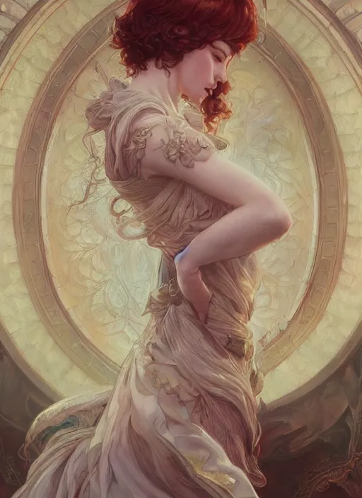 Image similar to Christina Hendricks, fantasy, intricate, elegant, highly detailed, digital painting, artstation, concept art, smooth, sharp focus, illustration, art by artgerm and greg rutkowski and alphonse mucha