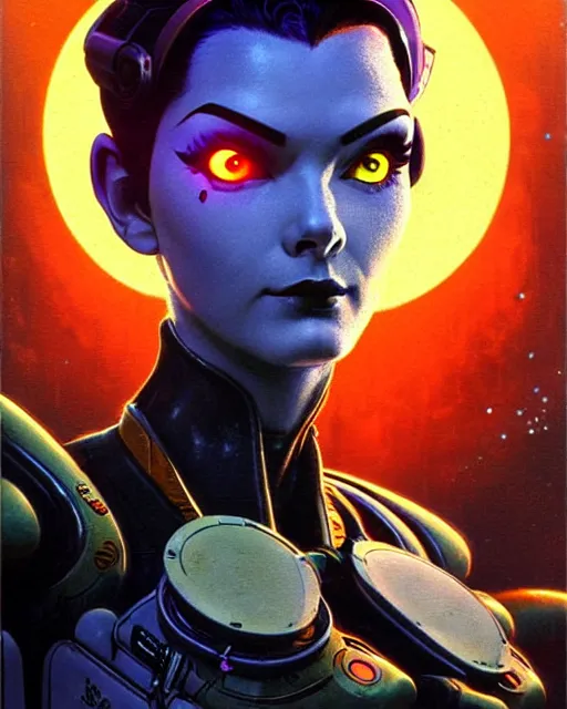 Image similar to widowmaker from overwatch, character portrait, portrait, close up, concept art, intricate details, highly detailed, vintage sci - fi poster, retro future, in the style of chris foss, rodger dean, moebius, michael whelan, and gustave dore