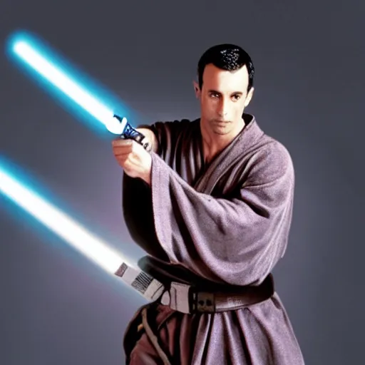 Image similar to Freddie Prinze Jr. as a jedi, battle worn robes, standing in a fighter stance@with a blue lightsaber, photorealistic