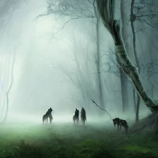 Image similar to aspectacular moody fantasy painting, spectral figures coming out of the fog with their pack of wolves, leaves and feathers twisted in their hair, moss growing on their clothes, destructive magic pulsing at their fingertips, cgsociety art