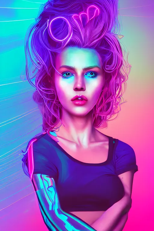 Image similar to a award winning half body portrait of a beautiful woman with stunning eyes in a croptop and cargo pants with ombre purple pink teal hairstyle by thomas danthony, surrounded by whirling illuminated lines, outrun, vaporware, shaded flat illustration, digital art, trending on artstation, highly detailed, fine detail, intricate