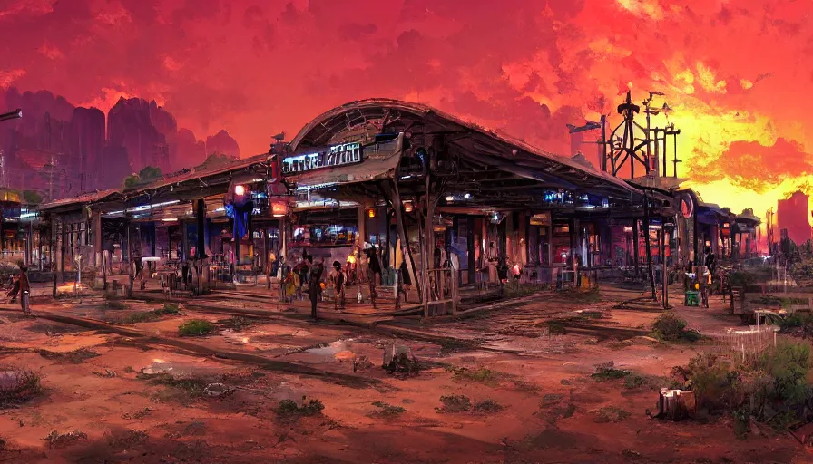 Prompt: train station roadside old west saloon cyber punk cactus graveyard sunset sky clouds illustration by syd mead artstation 4 k 8 k graphic novel concept art matte painting