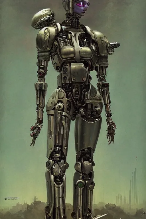 Prompt: fullbody or portrait, simple futurist cyborg empress, warhammer 4 0 k, perfect future, award winning art by santiago caruso, iridescent color palette, by wlop and karol bak and bouguereau and viktoria gavrilenko, 1 9 7 0 s retro future robot android. muted colors