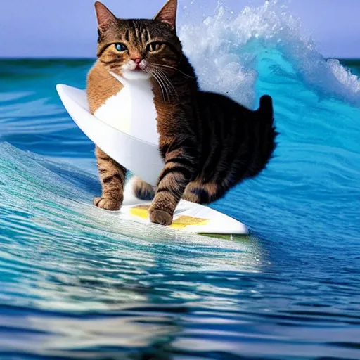 Prompt: a cat surfing a wave wearing a blue hat.