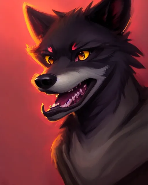 Prompt: character concept art of a black anthropomorphic furry male wolf with red hair | | handsome - fine - face, pretty face, key visual, realistic shaded perfect face, fine details by stanley artgerm lau, wlop, rossdraws, james jean, andrei riabovitchev, marc simonetti, and sakimichan, trending on artstation