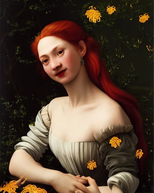 Prompt: a happy a young woman wearing a sophisticated dress, among the lights of golden fireflies and nature, long loose red hair, intricate details, green eyes, freckles on the nose, round gentle smiling face, golden ratio, high contrast, photorealistic digital art by artemisia lomi gentileschi and caravaggio and artgerm.
