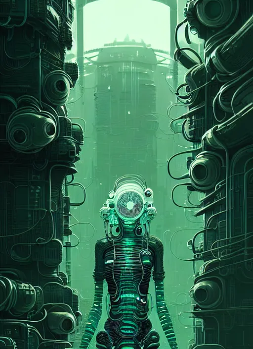 Image similar to highly detailed portrait of a biopunk long curly white hair tribal lady, stray wiring by atey ghailan, james gilleard, by joe fenton, by greg rutkowski, by greg tocchini, by kaethe butcher, 4 k resolution, gradient green, black and white color scheme!!! ( ( green caustic robotic dystopian city background ) )