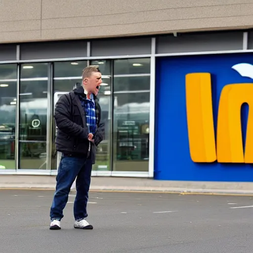 Image similar to a man terrified of entering an aldi supermarket, photo realistic