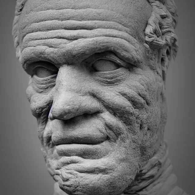 Image similar to photography of a sculpture of Arthur Schopenhauer made of clay by Sebastian Kruger and Michelangelo, 50mm, studio atmosphere, 8K, rim light, octane render, ultra-realistic