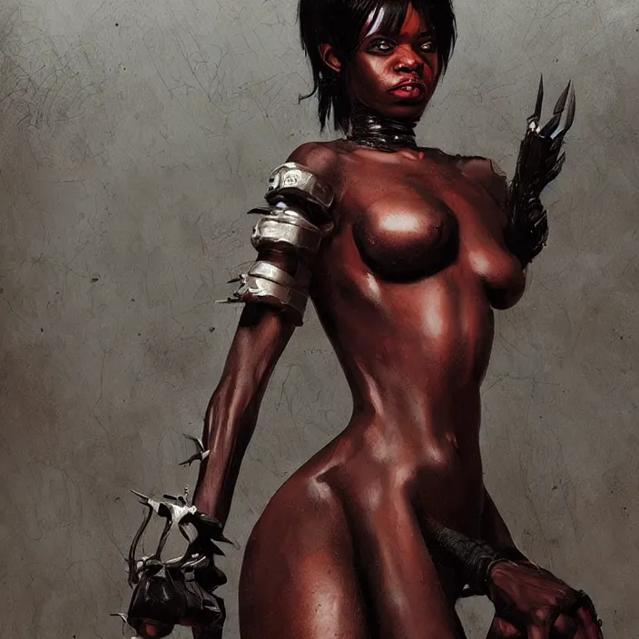 Prompt: african domme mistress, rubber, spikes, high detail, smooth, concept art, realistic painting, digital art by greg rutkowski, by junji ito