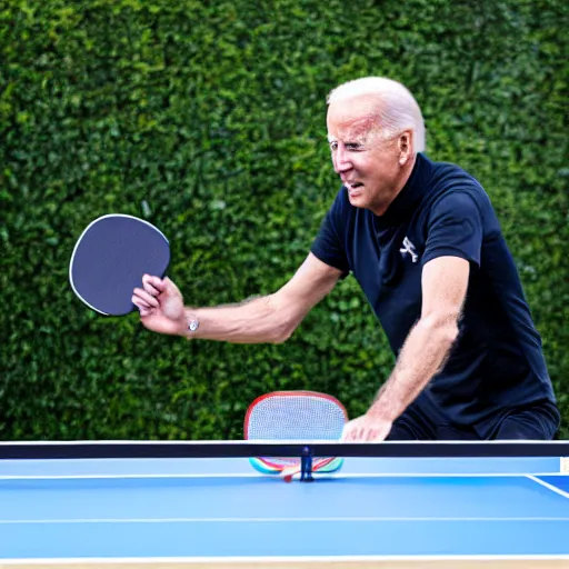 Prompt: joe biden playing extreme table tennis, award winning sports photography