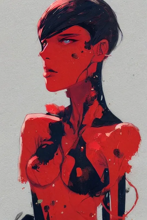 Image similar to a ultradetailed beautiful painting of a stylish female humanoid, by conrad roset, red and black, greg rutkowski and makoto shinkai trending on artstation