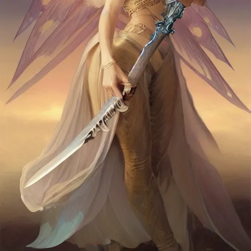 Image similar to A beautiful digital painting of a female angel with blonde hair and a sword in her hand, princess, the moon behind her, D&D, fantasy, intricate, cinematic lighting, highly detailed, digital painting, Artstation, concept art, smooth, sharp focus, illustration, art by Artgerm and Greg Rutkowski, Alphonse Mucha and charlie bowater