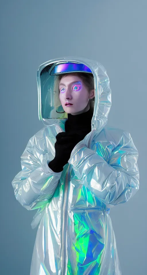 Prompt: an ultra high definition professional studio quality photograph of an artificially intelligent cyberpunk art influencer wearing a transparent iridescent pastel coloured face visor and matching bubbly puffy raincoat on white coat hook in a sheer icelandic black rock environment. three point light. dramatic lighting. volumetric shadows. light rays