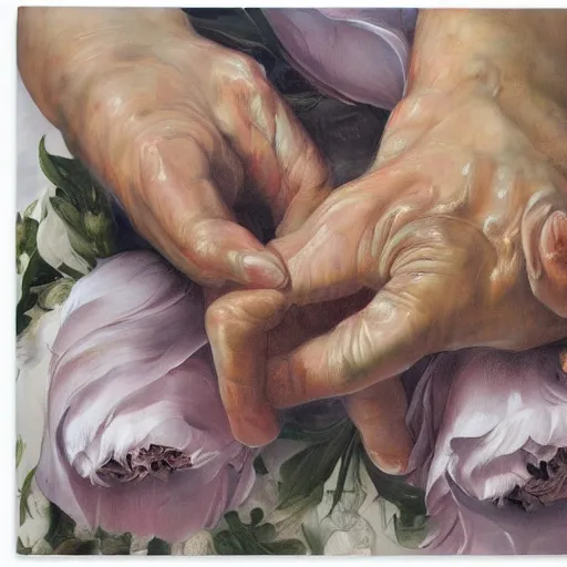 Image similar to a lot of hands touching flowers, by Jenny saville. Dark and atmospheric