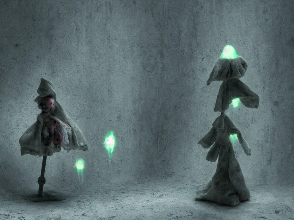 Image similar to cute fumo plush girl ghost lingering in a mysterious concrete wartorn brutalist ruin infected by floating spores of red parasitic fungus, chibi gothic maiden in tattered rags, dramatic three point lighting, glowing wisps of hazy green smoke and eerie volumetric fog swirling about, vray