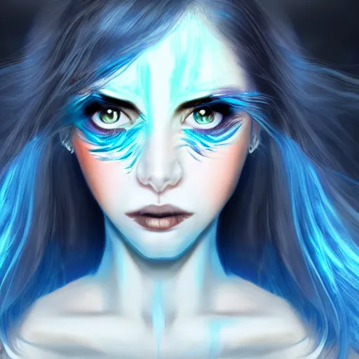 Image similar to beautiful monster girl, black hair, blue eyes, glowing skin, photorealistic