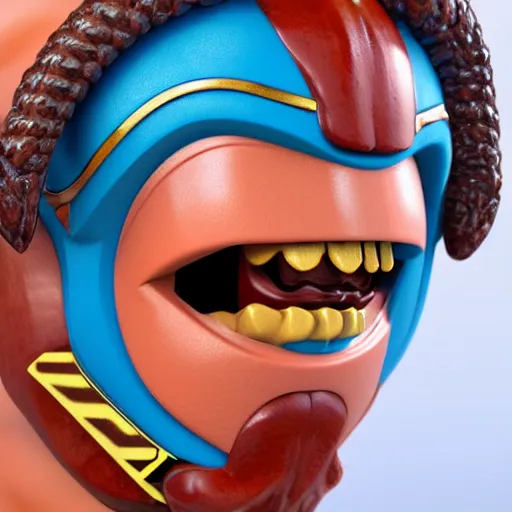 Prompt: closeup headshot 3 d toy maori god as funco toy, plastic, sss, octane 4 k render, studio lighting, artstation, cyan photographic backdrop, 1 0 5 mm, f 2. 8 aperture