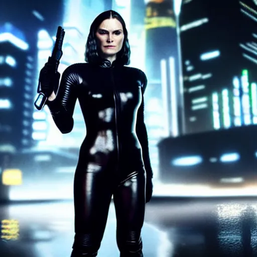 Image similar to anna paquin starring in a cyberpunk movie in a distopic futuristic city in the style of bladerunner, wearing a black catsuit, holding a gun, movie still, highly detailed, rainy night, volumetric lights, studio lighting, dramatic, scifi, sharp focus, ground mist