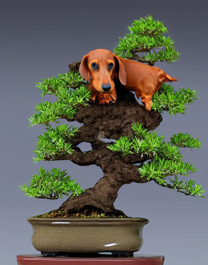 Image similar to dachshund bonsai in a bonsai pot, hyperrealism, high detail