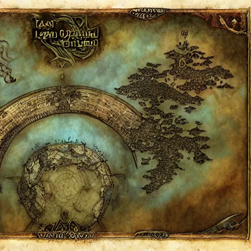 Image similar to simple fantasy map, the land of Odrua, several continents arranged in an arc, world of Lute, by JRR Tolkien and Brian Froud, Vatican Map Room, fantasy concept painting, Magic The Gathering Art, trending on art station, oceans, continents, unmarked