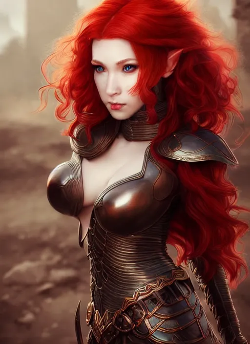 Image similar to leather armor!!! beautiful and elegant curly red hair female elf!! gorgeous ayes!! character concept art, sharp focus, octane render! unreal engine 5! highly rendered!! trending on artstation!! detailed linework!! illustration by artgerm, wlop, and chie yoshii