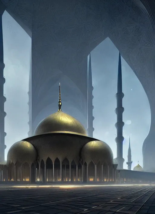 Image similar to epic futuristic mosque. highly detailed, digital painting, concept art, smooth, sharp focus, illustration, art by greg rutkowski