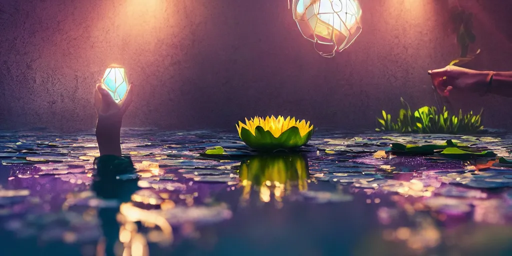 Image similar to A hand holding a water lily, night dramatic lighting, blue, yellow and purple tones, wide camera angle, matte painting, trending on ArtStation, concept art, delightful surroundings, high detail, sharp contrast, ray tracing, picturesque artwork by Mike Winkelmann, artwork by Ridley Scott, 4K, 8K, super graphically realistic detailed, high definition, HDR