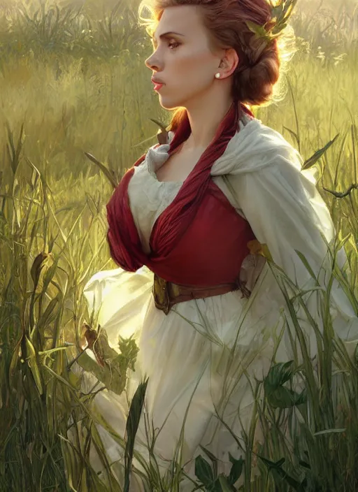 Prompt: Scarlett Johansson as a elf on a beutiful meadow, afternoon, art by Artgerm and Greg Rutkowski and Alphonse Mucha, DAZ, hyperrealistic, ambient light, dynamic light