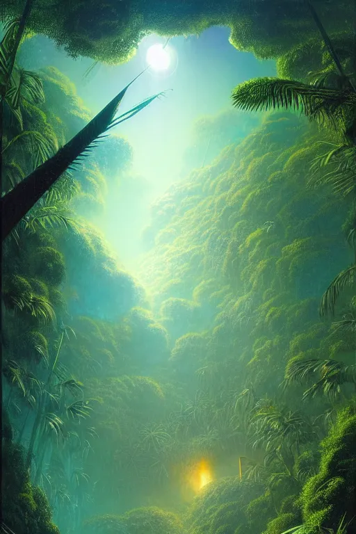 Image similar to a tropical forest suspended in space, meteor shower, tone mapped, shiny, intricate, cinematic lighting, highly detailed, digital painting, artstation, concept art, smooth, sharp focus, illustration, art by arthur haas and bruce pennington and john schoenherr