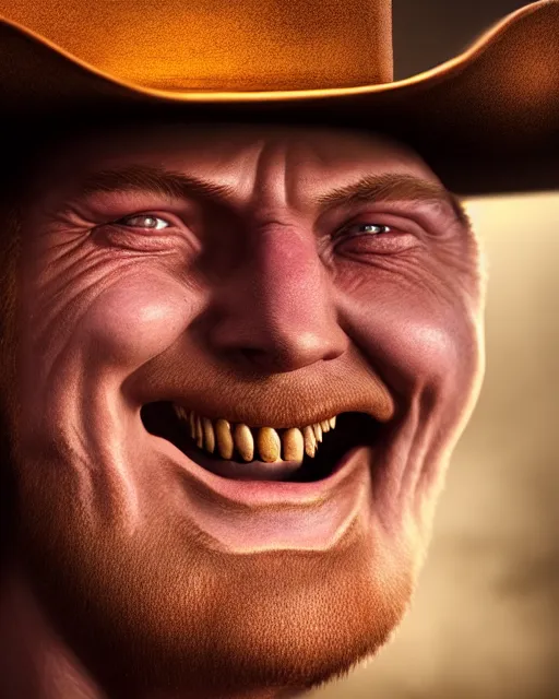 Image similar to portrait of a cursed grinning cowboy, ultra realistic, highly detailed, hd, sharp focus, cinematic lighting, shaded, mood lighting, realistic, photorealistic, vivid colors, painting, photograph, digital art, non blurry, sharp, smooth, illustration