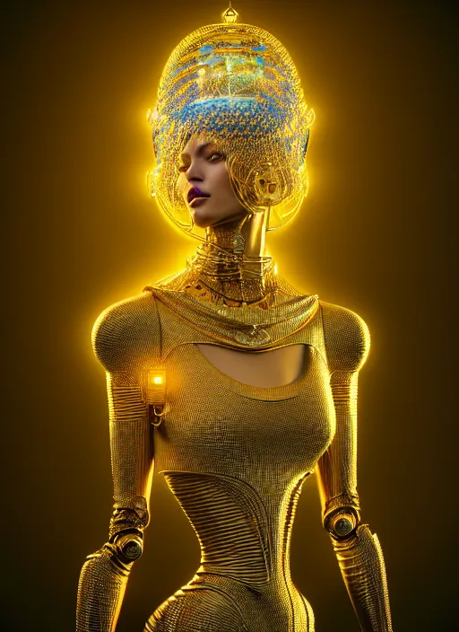 Image similar to three dimensional blueprints for an absurdly beautiful, graceful, sophisticated, fashionable futuristic female golden robot, hyperdetailed illustration by irakli nadar and alexandre ferra, intricate linework, faberge, intricate gold headdress, dark atmosphere, unreal engine 5 highly rendered, global illumination, radiant light, detailed and intricate environment