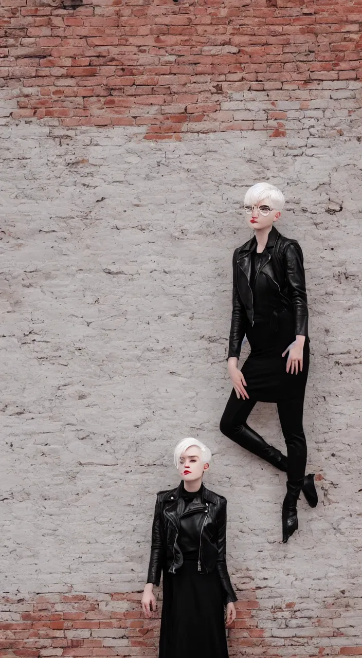 Prompt: woman, short white hair, pale skin, hard light, lense flares, glamour, vogue photoshoot, fashion, leather jacket, black dress, red lipstick, brick wall