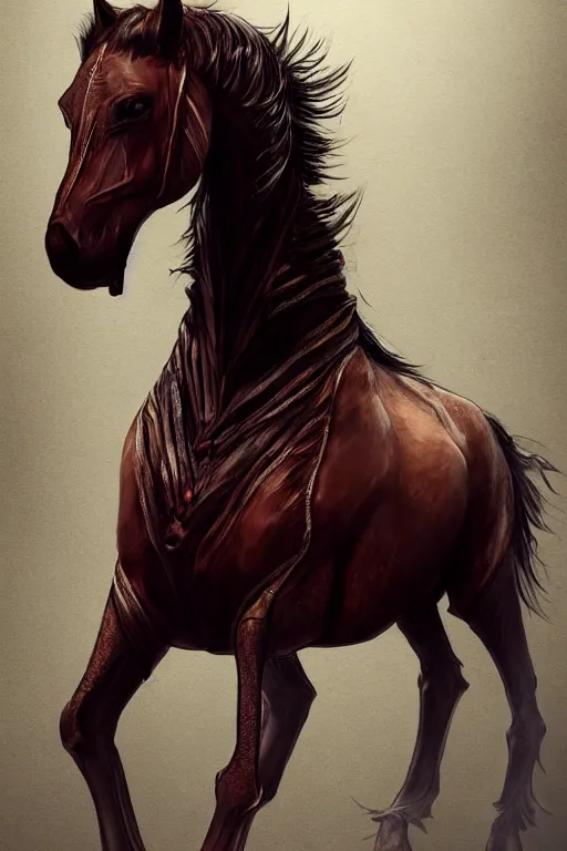 Image similar to concept art of hybrid human and horse wearing coat, anthropomorphic horse wearing a coat and standing on two legs like human, digital art, photo realistic, artstation, highly detailed