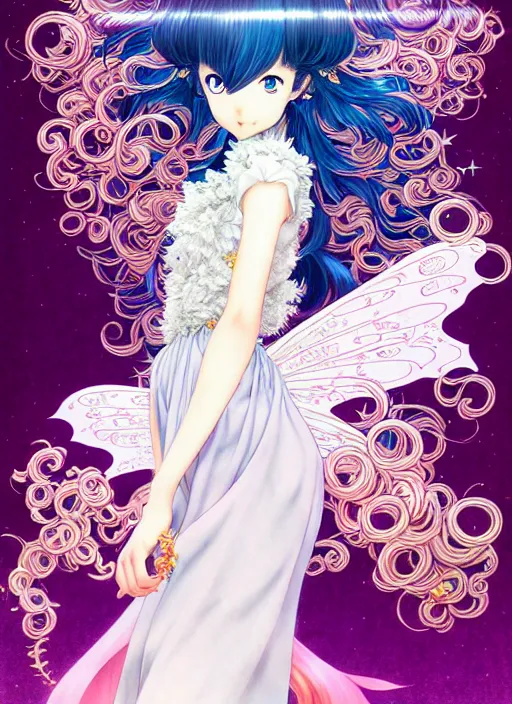 Image similar to exquisite imaginative manga poster art fairy princess, fate, long wavy hair, rococo ruffles dress, shimmering, by shigenori soejima, minaba hideo, katsuhiro otomo, jump comics, illustration, artstation, dark fantastic, highly detailed, 8 k, fluorescent, maximalist