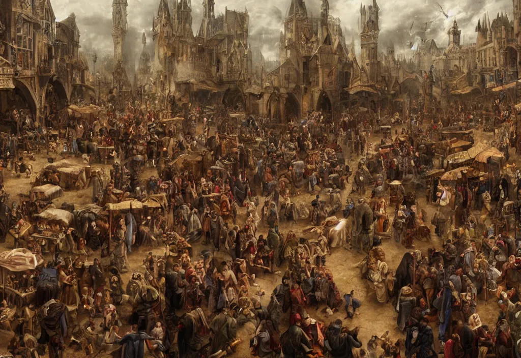 Prompt: photography crowd of emma watsons fight with nicholas cage in a medieval market detailed matte painting,
