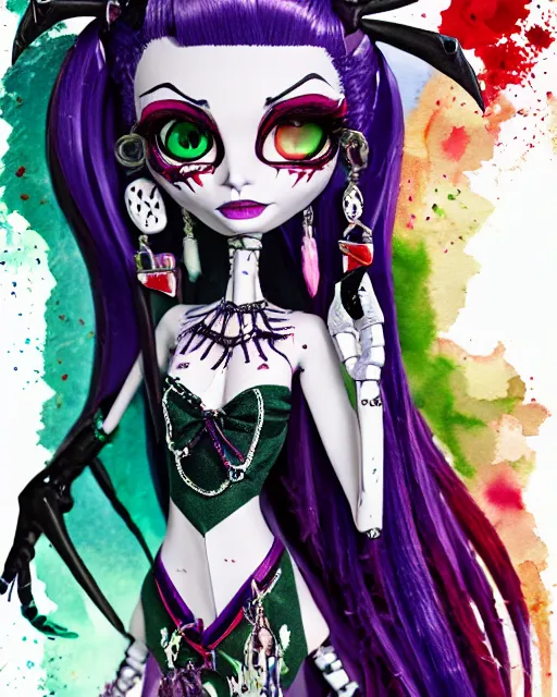 Image similar to watercolor portrait of monster high draculaura doll, by darkodordevic, makoto shinkai and, detailed and intricate environment