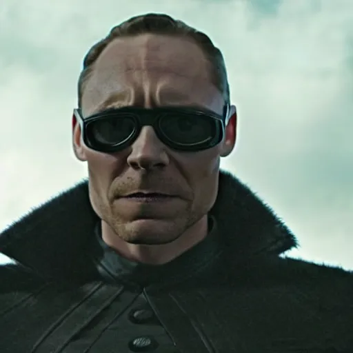 Image similar to film still of Tom Hiddleston as Nick Fury with leather patch over one eye in Avengers