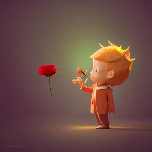 Prompt: cinematic scene of the little prince holding a red rose illustration, bokeh, octane render, award winning, trending on art station