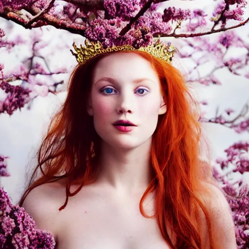 Prompt: !dream Fine art photo of the most beautiful woman, she is redhead, she is posing while maintain a sweet eye contact to the camera, she has a crown of flowers, she has perfect white teeths, the photo was taking by Annie Leibovitz, matte painting, oil painting, naturalism