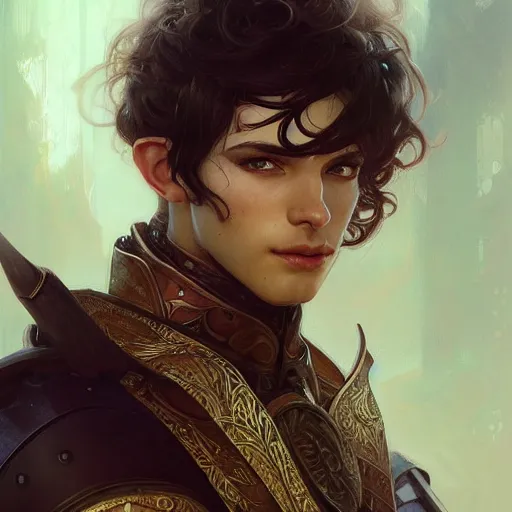 Image similar to full portrait of beautiful male paladin elf man with wavy dark hair, intricate, elegant, highly detailed, digital painting, artstation, concept art, smooth, sharp focus, illustration, art by Krenz Cushart and Artem Demura and Alphonse Mucha,