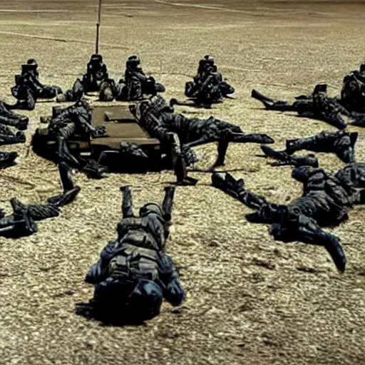 Prompt: mobile infantry soldiers form a circle around their dying commander as they are surrounded by bugs, starship troopers movie, photorealistic